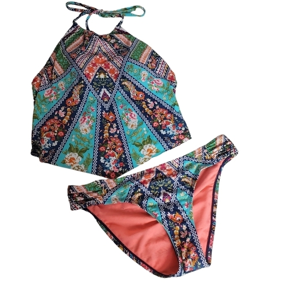 Cremieux Bikini Medium Halter top & Bottoms Blue Orange Colorful Geometric Beach - Picture 1 of 10